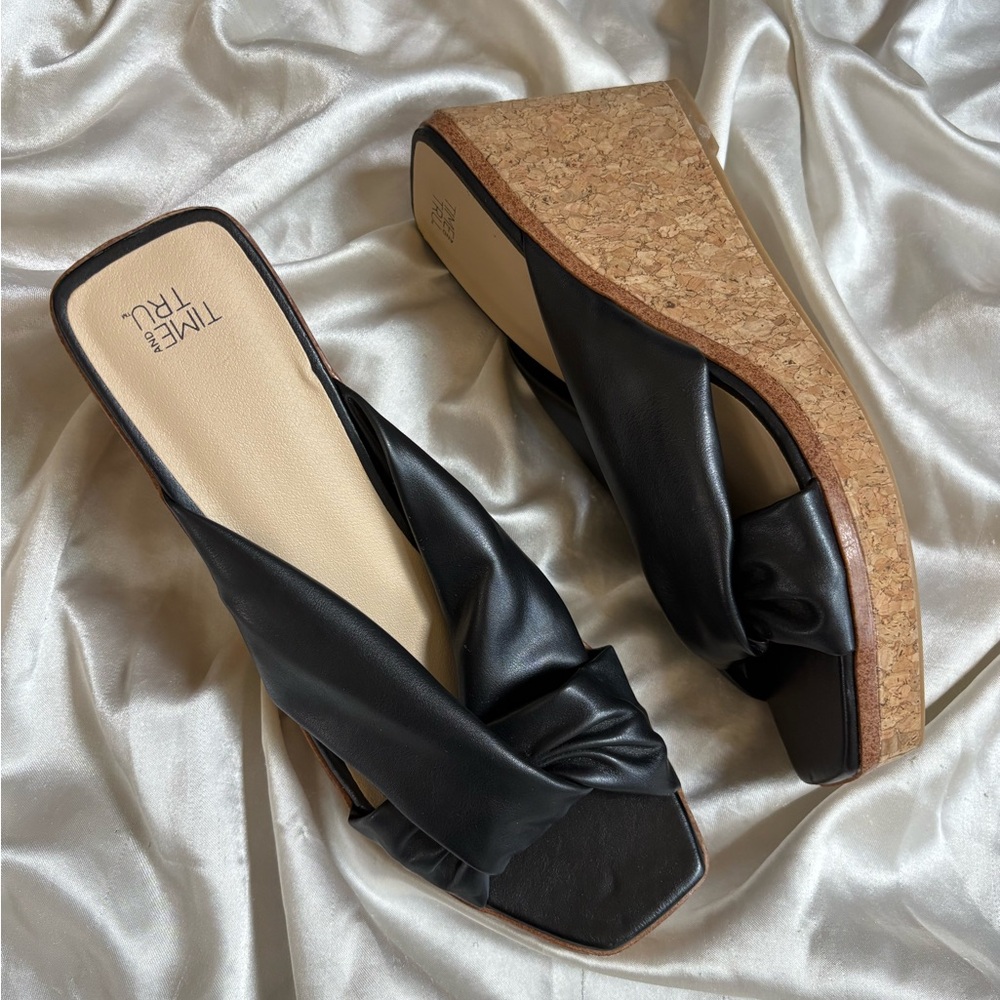 Black Leather Cork Sole Wedge Sandals with Knot Detail